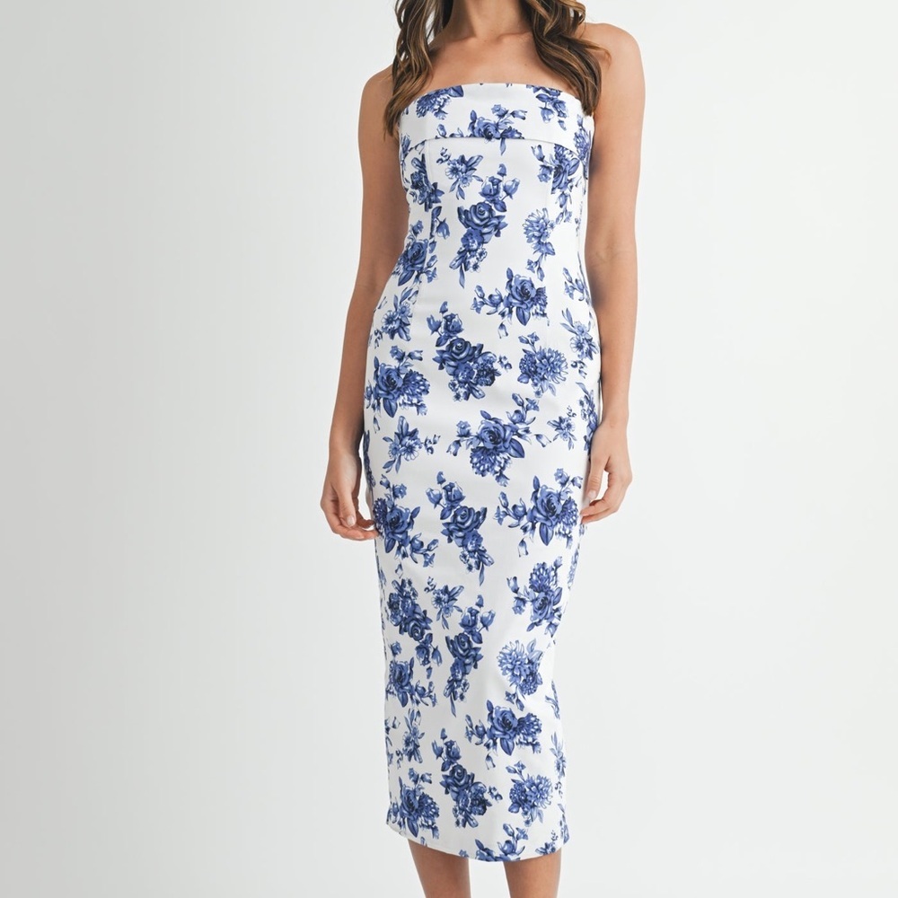 Floral Blue and White Tube Dress